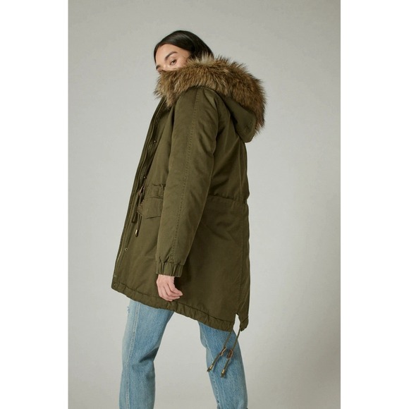 LUCKY BRAND Fur Hooded Anorak Parka Green Olives Women's Size Medium - Picture 2 of 4